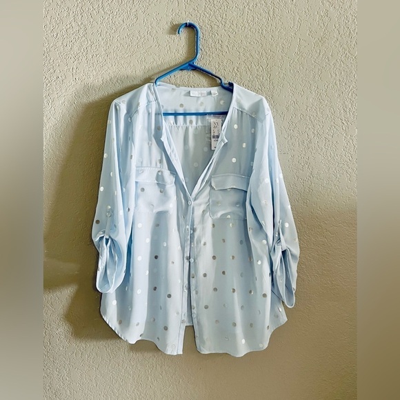 New York & Company Tops - NWT New York & Co Women's Sheer Baby Blue Polka Dot Long Sleeve Button-up Sz XL